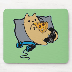 Mousepad Nerdy Gamer Cat Eating Pizza Game Paused