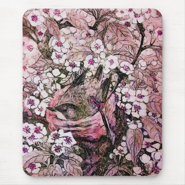 Mousepad NEST DO PÁSSARO, rosa vermelho branco (Frente)