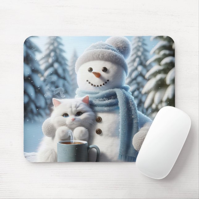 Mousepad Neve com um gato branco (Com mouse)