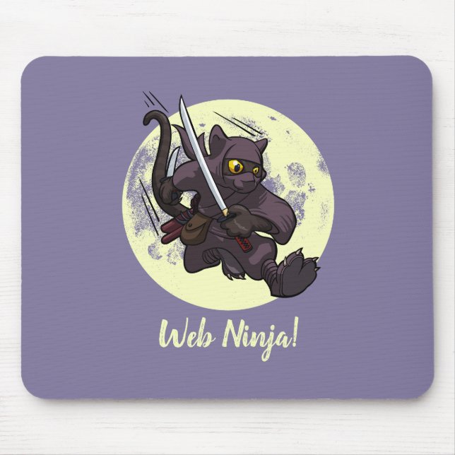 Mousepad Ninja Web Saltando Gato Preto Ninja Katana Cartoon (Frente)