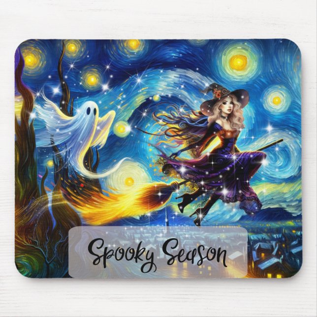Mousepad Noite Estrelada Desenho de Halloween Bruxa (Frente)