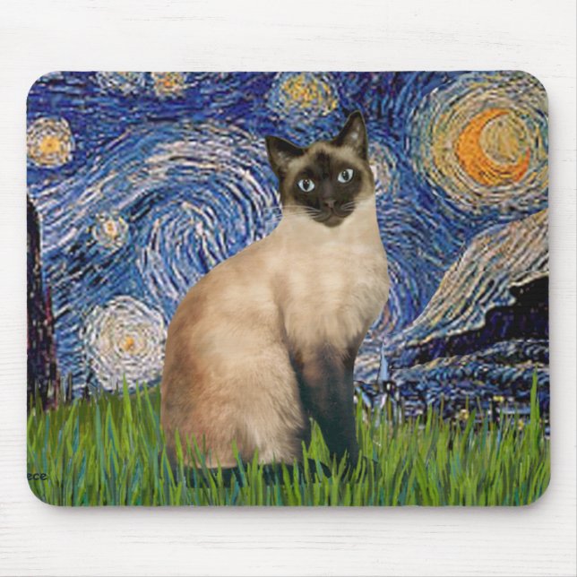 Mousepad Noite Estrelada - gato Siamês de pontas seladas (Frente)