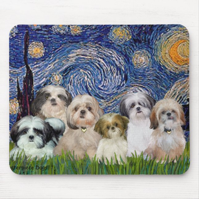 Mousepad Noite Estrelada - Seis Shih Tzus (Frente)