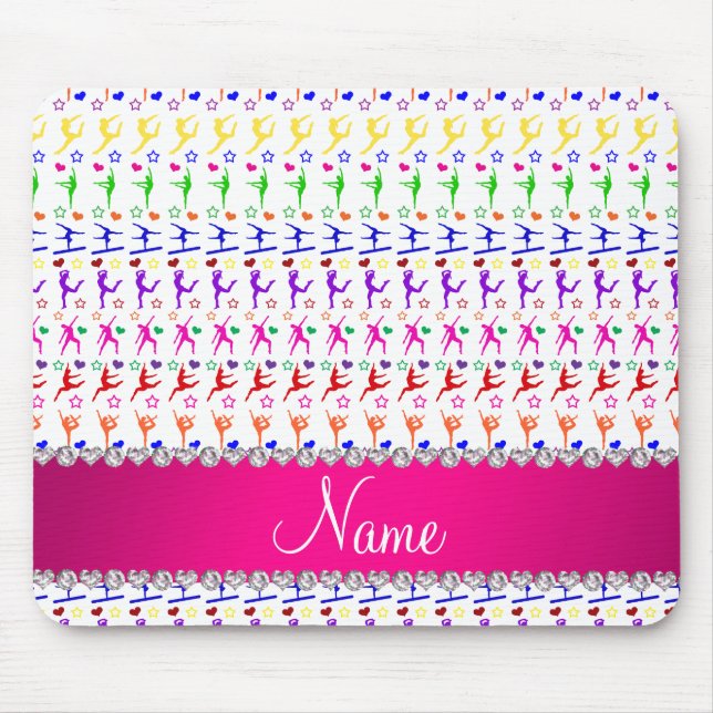 Mousepad Nome branco cor-de-rosa ginástica arco-íris coraçõ (Frente)