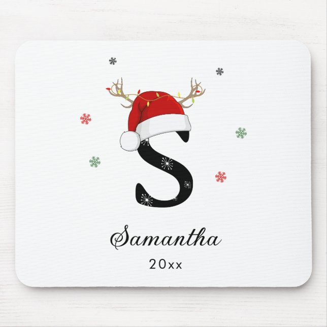 Mousepad Nome Carta Santa Hat | Monograma | Inicial persona (Frente)