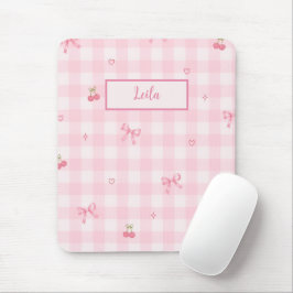 Mousepad Nome com Design de Laço de Cereja em Xadrez Rosa