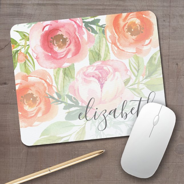 Mousepad Nome da Caligrafia das Flores de Aquarela Pintadas (Personalized Mousepad - Add Your name to this watercolor flower design)