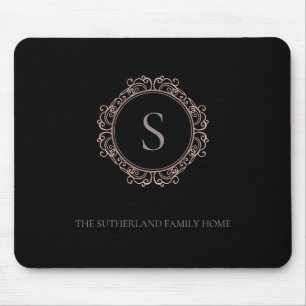 Mousepad Nome da família Elegante Monograma Preto