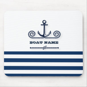 Mousepad Nome de Barco Náutico, Âncora, Corda, Listras Azul