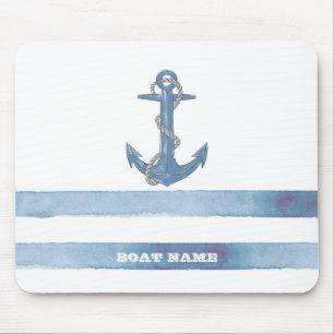 Mousepad Nome de Barco Náutico,Âncora,Corda,Listras Azul Cl