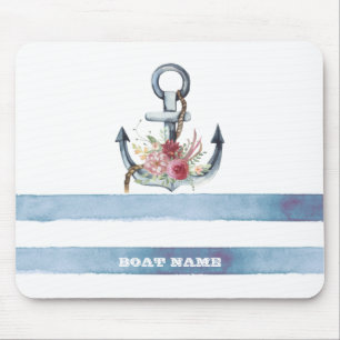 Mousepad Nome de Barco Náutico, Âncora Flores Listras