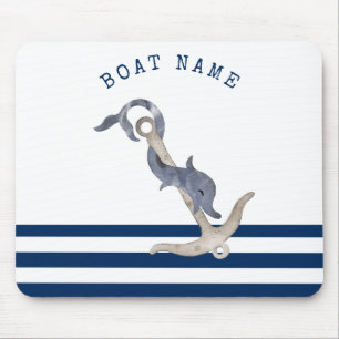 Mousepad Nome de Barco Náutico, Âncora Golfinho Azul Marinh
