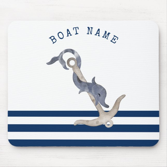 Mousepad Nome de Barco Náutico, Âncora Golfinho Azul Marinh (Frente)