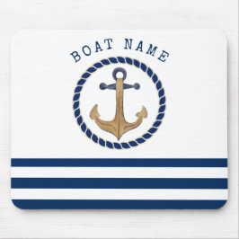 Mousepad Nome de Barco Náutico, Âncora Retro Azul Marinho