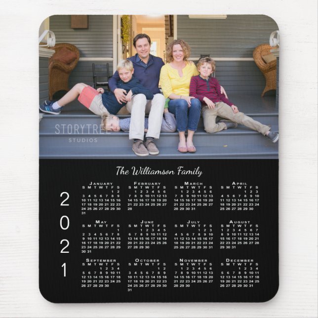 Mousepad Nome de Foto Personalizado Calendário Preto 2021 (Frente)