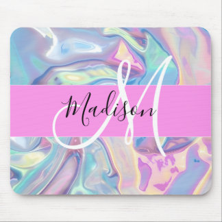 Mousepad Nome de Monograma Holográfico Iridescente Rosa Fem