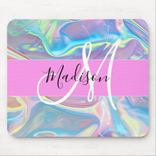 Mousepad Nome de Monograma Holográfico Iridescente Rosa Fem