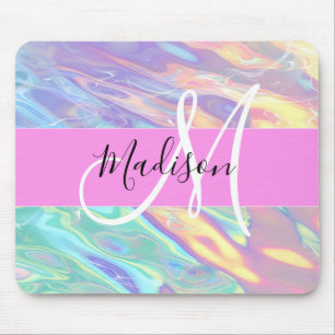 Mousepad Nome de Monograma Holográfico Iridescente Rosa Fem