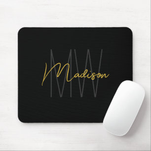 Mousepad Nome de Monograma Moderno em Preto e Dourado