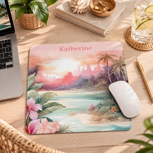 Mousepad Nome de Praia Tropical Rosa Personalizado (Criador carregado)