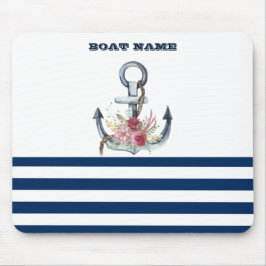 Mousepad Nome do Barco,Flores de Âncora Marinho Blue Strips