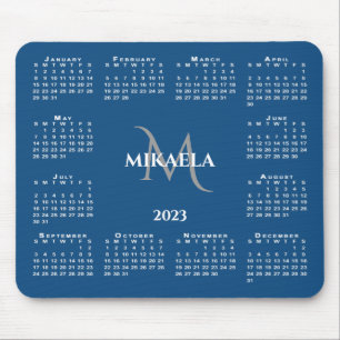 Mousepad Nome do Monograma Chic do Calendário 2023 em Azul