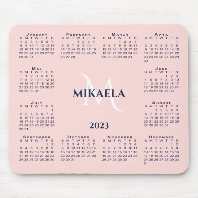 Mousepad Nome do Monograma Chic do Calendário 2023 no Cor-d (Frente)
