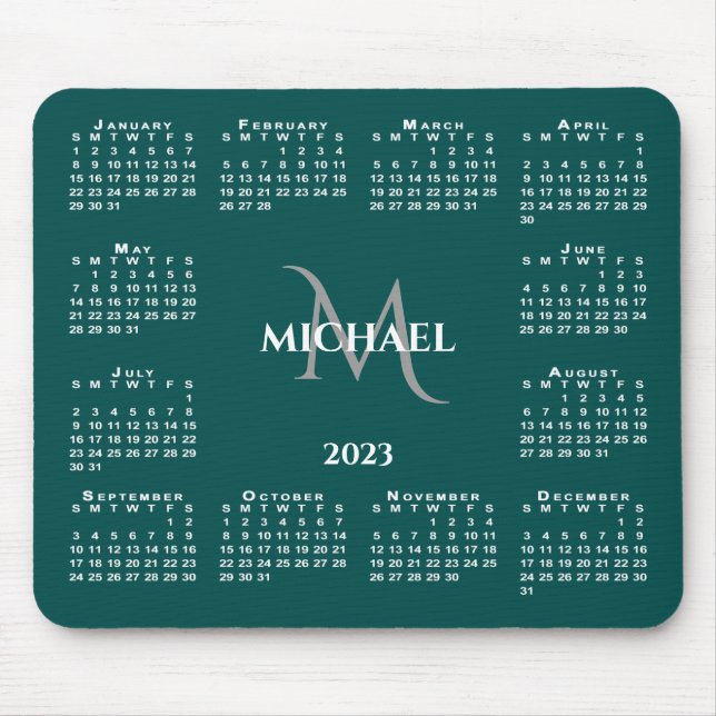 Mousepad Nome do Monograma Chic do Calendário 2023 no Teal (Frente)