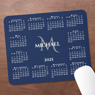 Mousepad Nome do Monograma Chic do Calendário 2025 em Azul 