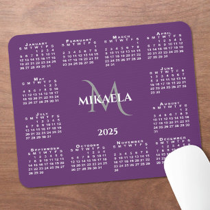 Mousepad Nome do Monograma Chic do Calendário 2025 em Roxo