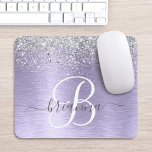 Mousepad Nome do Monograma da Glitter de Prata Metálica Bru<br><div class="desc">Personalize facilmente esta trendy pastilha do mouse chic design com brilho bonito prateado em um fundo metálico roxo escovado.</div>