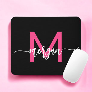 Mousepad Nome do Monograma da Rapariga Preta-Rosa Quente