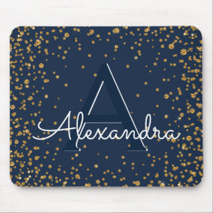 Mousepad Nome do Monograma de Confetti Azul e Dourado