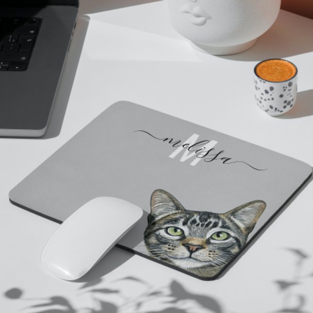 Mousepad Nome do Monograma de Cores Aquáticas de Gato Sneak (Criador carregado)