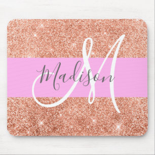 Mousepad Nome do Monograma de Glitter Dourado Rosa Brilhant