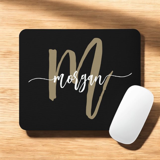 Mousepad Nome do Monograma de Script Moderno Dourado Preto (Criador carregado)
