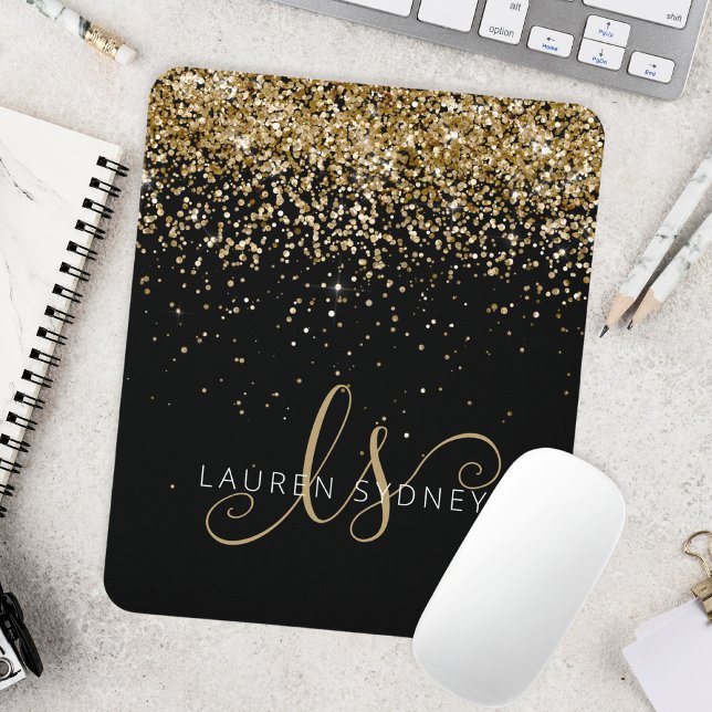 Mousepad Nome do Monograma do Glitter Dourado (Criador carregado)