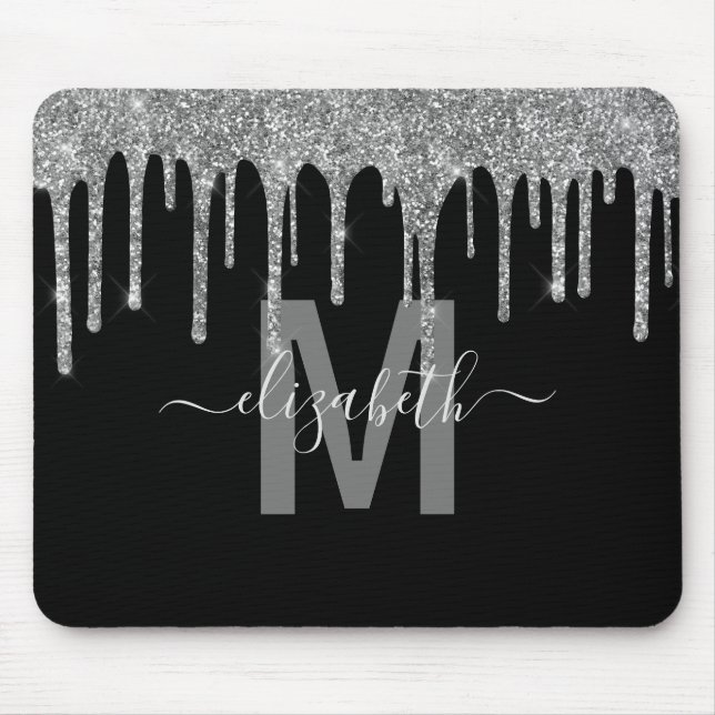 Mousepad Nome do Monograma do Glitter Drivers Chic Silver (Frente)