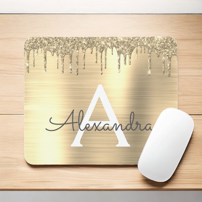 Mousepad Nome do Monograma Dourado Glitter Brugado Metal (Criador carregado)