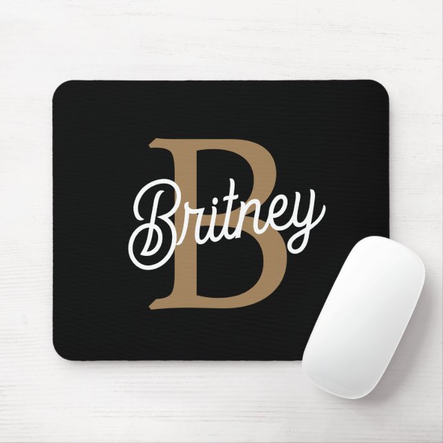 Mousepad Nome do Monograma Elegante Moderno Script Dourado  (Com mouse)