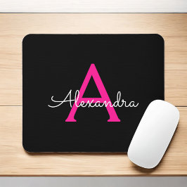 Mousepad Nome do Monograma Girly Black Script Hot-Pink