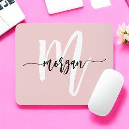 Mousepad Nome do Monograma Girly de Script Moderno Rosa