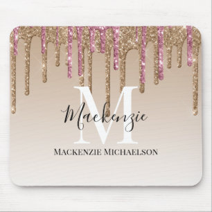 Mousepad Nome do Monograma Glitter Rosa Rosa Menor Dourado