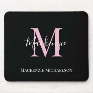 Mousepad Nome do Monograma Personalizado Cor-de-Rosa Preto