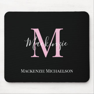 Mousepad Nome do Monograma Personalizado Cor-de-Rosa Preto