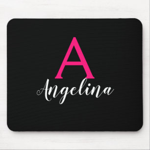 Mousepad Nome do monograma preto, branco, rosa-quente