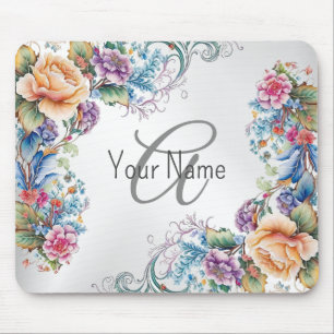Mousepad Nome do Monograma Quadro Floral Colorido Moderno E