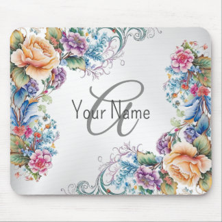 Mousepad Nome do Monograma Quadro Floral Colorido Moderno E
