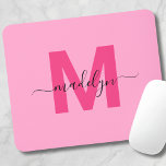 Mousepad Nome do Script do Monograma Girly Pink<br><div class="desc">Mouse Monograma Inicial de Script Rosa Girly Personalizado. Adicione uma pop de encanto feminino e divertido ao seu espaço de trabalho com este mouse chic pad. Apresentando um fundo rosa brilhante e feliz com uma inicial magenta rosa-quente ousada e um nome de script preto elegante, este design é perfeito para...</div>