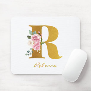 Mousepad Nome Dourado Faux Monograma Floral Personalizado